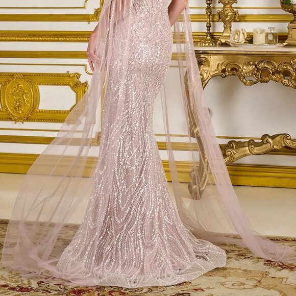 New Sequins Embellihsed Maxi Mother Of Bride Mesh Gown w/ Cape Sleeves GL3831 - Picture 14 of 14